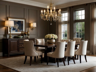 Modern open floor plan with living room, dining area featuring a fireplace, and light-filled interior