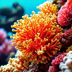 Fotobehang A vibrant underwater scene with a close-up of a coral reef, featuring bright orange and yellow corals surrounded by other colorful marine life. © Aleksei Solovev