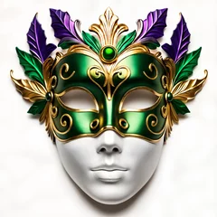 Fotobehang A close-up of a green and gold mask with intricate designs, including leaves and swirls, against a white background. © Aleksei Solovev