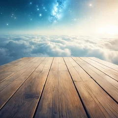 Fotobehang A wooden deck with a view of the sky, featuring clouds and stars, suggesting a serene and peaceful setting. © Aleksei Solovev