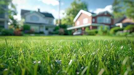 Houses in a calm neighborhood, Green summer grass in backyard of modern houses with space for text, suitable as banner.