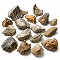 Fotobehang A collection of various types of rocks, each with its own unique shape and color, arranged on a flat surface against a neutral background. © Aleksei Solovev