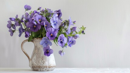 Capture the essence of spring with a vibrant bouquet of fragrant violet viola odorata flowers showcased in a vase against a crisp white backdrop offering ample space for text This authentic