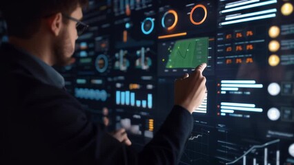 A businessman interacts with a virtual interface displaying sales performance metrics and icons. The image focuses on leveraging technology for data analysis and business growth strategies. 