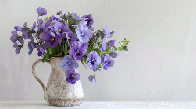 Capture the essence of spring with a vibrant bouquet of fragrant violet viola odorata flowers showcased in a vase against a crisp white backdrop offering ample space for text This authentic