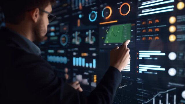 A businessman interacts with a virtual interface displaying sales performance metrics and icons. The image focuses on leveraging technology for data analysis and business growth strategies. 