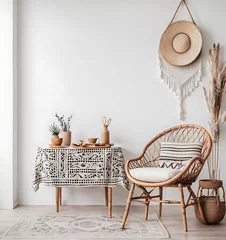 Fotobehang  Photo boho style interior with wooden chair table and white wall background  © STOCK LAND
