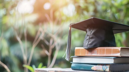 Graduation hat and pile of books on a wooden table with a background of green leaves exposed to sunlight bokeh
