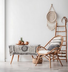 
Photo boho style interior with wooden chair table and white wall background

