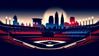 Digital art of a baseball stadium with a city skyline and a giant moon, evoking the romanticism and grandeur of the sport under the Cleveland night sky