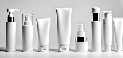  set of pile white blank cosmetic skincare container tube packaging dispenser bottle on white background cutout, Many different design Mockup template for artwork 