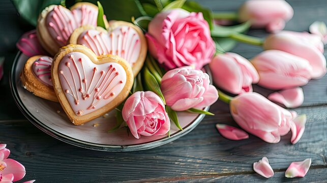 Adorning a wooden table a delightful bouquet featuring heart shaped pastries adorned with pink roses and tulips sets a charming scene perfect for Mother s Day or a wedding celebration