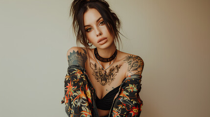
A young beautiful woman with full-length tattoos, dressed in stylish clothes on a light background