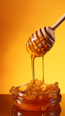 Close-up of golden honey flowing in the air