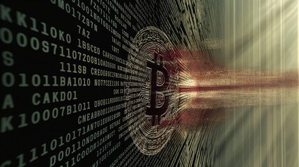 Bitcoin Logo Design Depicting a Digital Encrypted Blockchain Secure Wallet Data Transfer