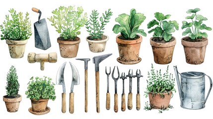 gardener tools watercolor style