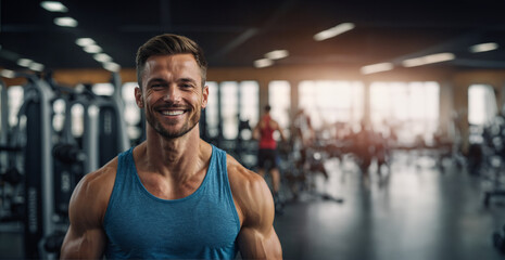 fitness sport man on blur gym background, banner concept