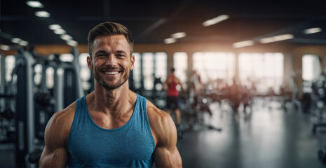 Obraz premium fitness sport man on blur gym background, banner concept