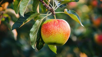A ripe red green apple hanging from a branch of the apple tree