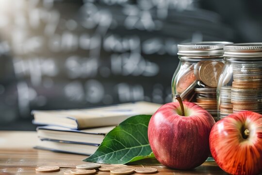 An imag that juxtaposes educational elements, apples and books, against a backdrop with coins and a chalkboard, a conceptual image about the investment in education and the value of knowledge