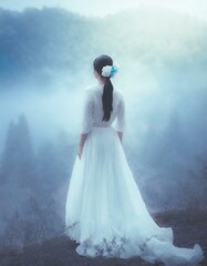 悲しみの底、喪失、霧の中を彷徨う心情をイメージした女性の後ろ姿 - obrazy, fototapety, plakaty