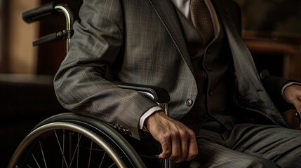 Obraz premium Professional Grace. The Striking Contrast of Sharp Business Attire with the Sleek Lines of a Modern Wheelchair