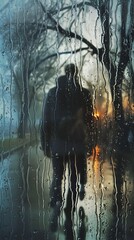 Dramatic scene of a lone figure looking out a rainstreaked window, reflections of past lovers appearing in the glass, illustrating the haunting memories of a lost love
