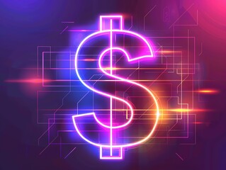 Obraz premium Striking neon dollar sign outlined in simple line art within a glowing light banner, the essence of business finance