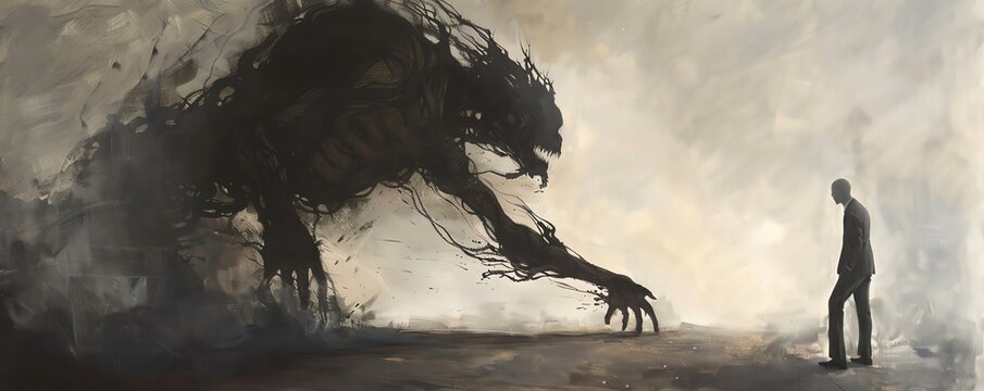 Surreal interpretation of a corporate titan with a shadow that morphs into a monstrous figure, embodying the greed and manipulation in the business world