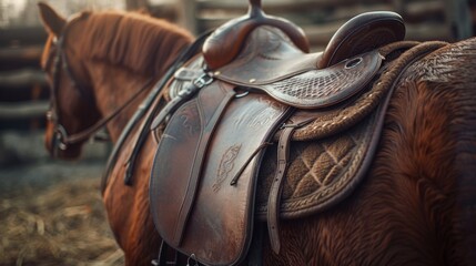 Horse saddle detailed in soft light whispers tradition. - obrazy, fototapety, plakaty