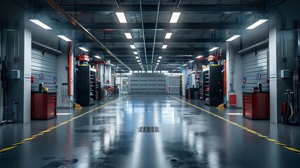 Modern garage interior equipped for automotive maintenance.