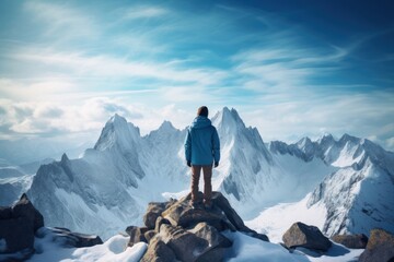 Adventure winter mountain standing sky. - obrazy, fototapety, plakaty