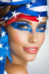 A woman with red lipstick and blue eyeshadow is smiling for the camera a 4th july woman make up - obrazy, fototapety, plakaty