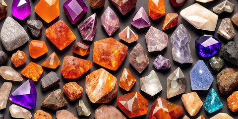A lot of crystals and gemstones on a dark background. Natural minerals such as agate, amber, amethyst, quartz and others. A scattering of precious stones - obrazy, fototapety, plakaty