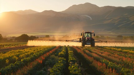 Tractor spraying crops in morning light with mountain backdrop.