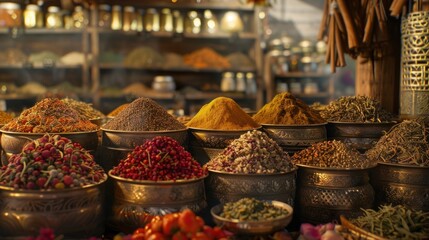 A traditional street market filled with colorful and tasty spices, AI generated image. - obrazy, fototapety, plakaty