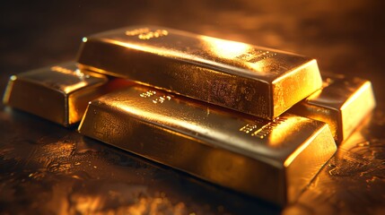 3D render of a luxurious stack of gold bars, reflecting light, with subtle shadows indicating high value and solid investment - obrazy, fototapety, plakaty