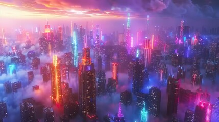 3D render of a futuristic cityscape with neon lights and colorful rays piercing through a misty atmosphere - obrazy, fototapety, plakaty