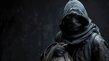 A bank robber in a dark hood and mask holding a bag of loot, standing against a black background with a subtle outline of a bank door - obrazy, fototapety, plakaty