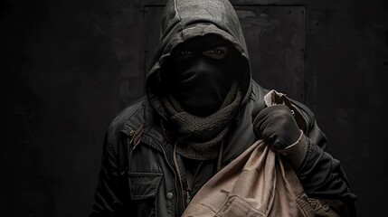 A bank robber in a dark hood and mask holding a bag of loot, standing against a black background with a subtle outline of a bank door - obrazy, fototapety, plakaty