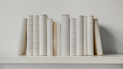 Arrange the pile of white colors books on the shelf. Position the books in a natural, slightly uncluttered way. Place the shelf against a clean, white background to make the colors and details 