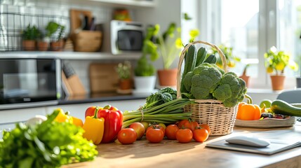 A bright and inviting consultation room where a nutritionist advises a patient, a basket of vibrant vegetables on the desk - obrazy, fototapety, plakaty