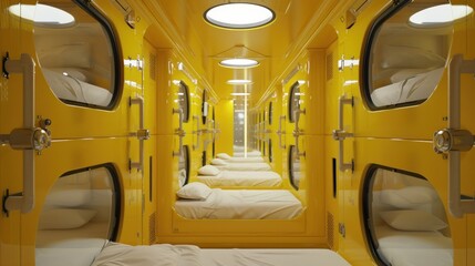 Capsule hotel concept with yellow walls, lots of beds, AI generated image. - obrazy, fototapety, plakaty