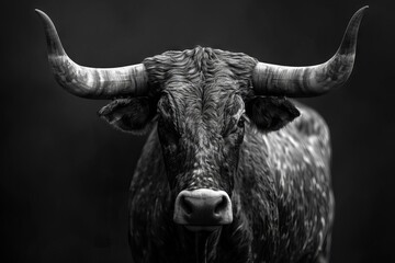 majestic texas longhorn cow in dramatic black and white showcasing impressive horns 3d illustration