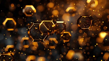 Abstract art of glowing gold hexagons floating over a sleek black background, creating a sense of depth and luxury - obrazy, fototapety, plakaty