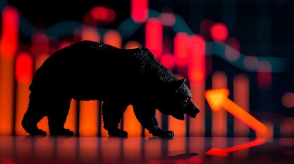 Abstract image of a bear shadow overlaying a dynamic investment graph chart with a large, bold arrow indicating price falls - obrazy, fototapety, plakaty