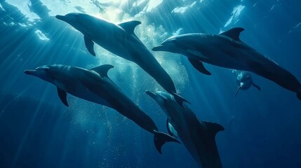 A group of dolphins, sleek and grey in color, gracefully swim through the deep blue ocean. Their bodies arc and dive in unison, creating a fluid and mesmerizing display of teamwork. The dolphins move