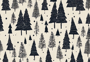 drawn pattern christmas seamless Wrapping graphic paper trees vector Winter Hand illustration Tree Black Gold Background White Mo