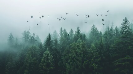 view of Flock of birds flying over early morning misty forest on trees and hills at sunrise - obrazy, fototapety, plakaty