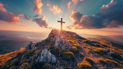 Cross on the top of mountain with beautiful sunrise. Generate AI image